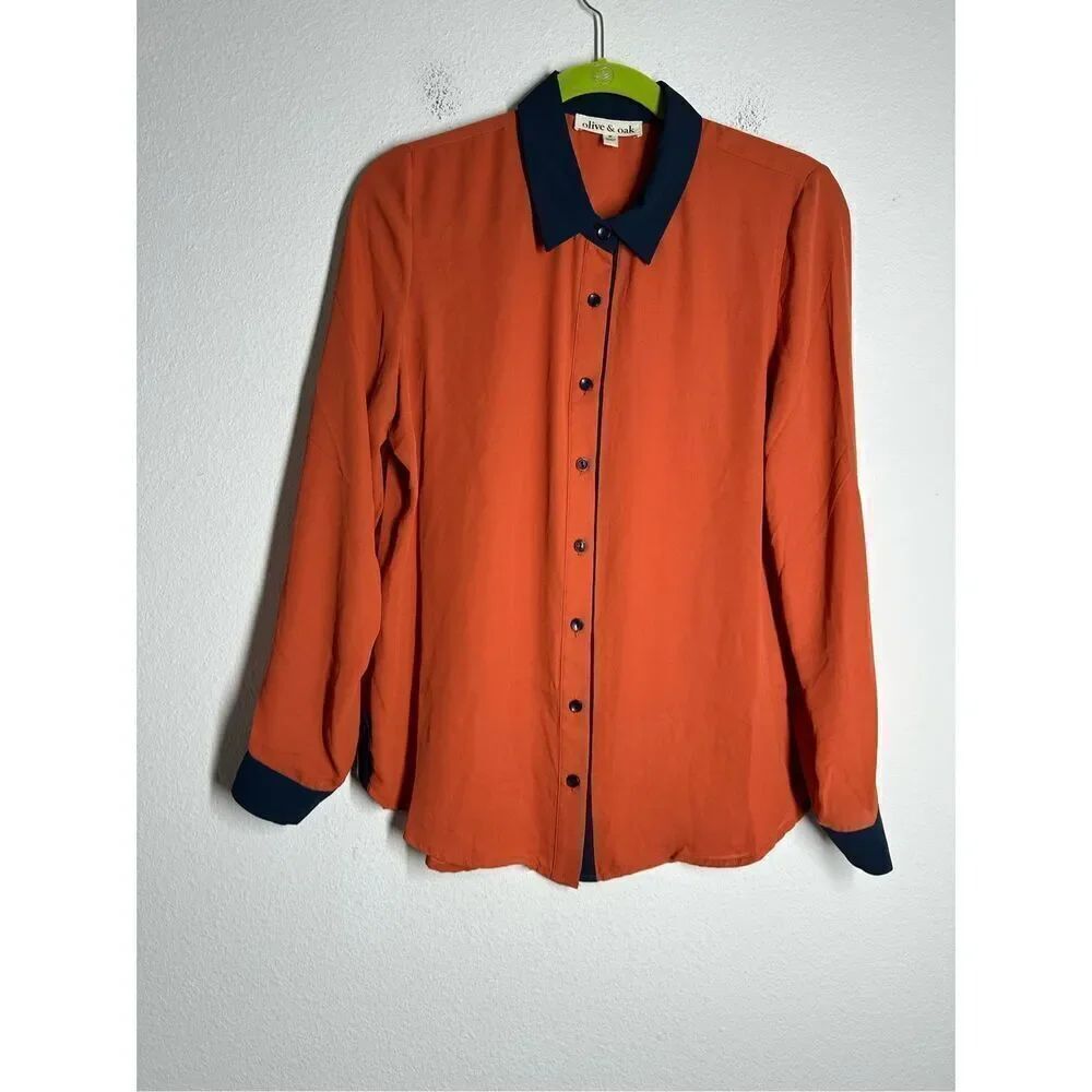 Olive & Oak Women’s Blouse Long Sleeves Sz M Orange Navy Blue